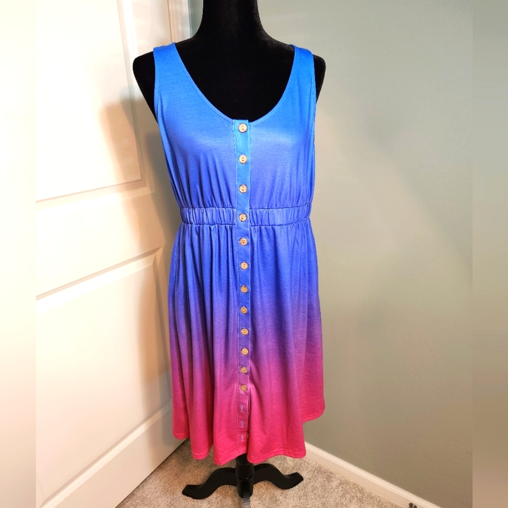 😀 Blue and Pink Sleeveless Button-Down Dress